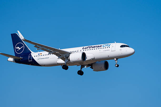 Germany, Berlin, Airport Berlin Schönefeld BER, March 06, 2026 - Lufthansa City Airbus A320 on final approach against clear sky