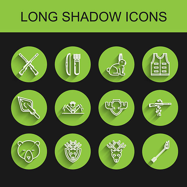 Set line Bear head Deer with antlers on shield Two crossed shotguns Flame arrow Trap hunting Gun shooting and Moose horns icon. Vector.