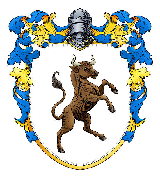 Bull coat of arms or crest family heraldry medieval heraldic knight shield with helmet and acanthus filigree scroll ornament. In a vintage woodcut style.