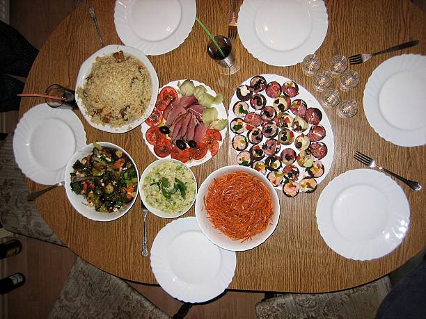 Colorful Salads And Sharing Plates. Bright Vegetable Platters With Garnishes And Dressings