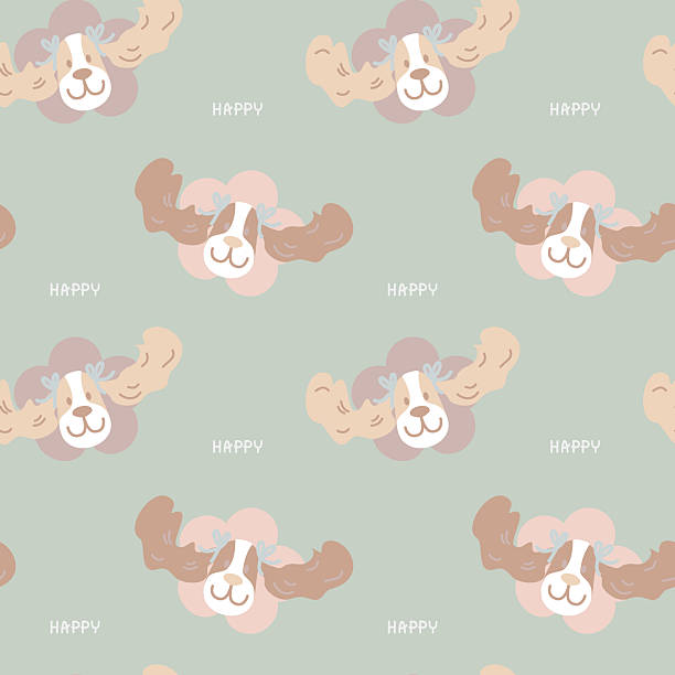 seamless minimal dog puppy with happy text pastel repeat pattern background, flat vector illustration graphic design