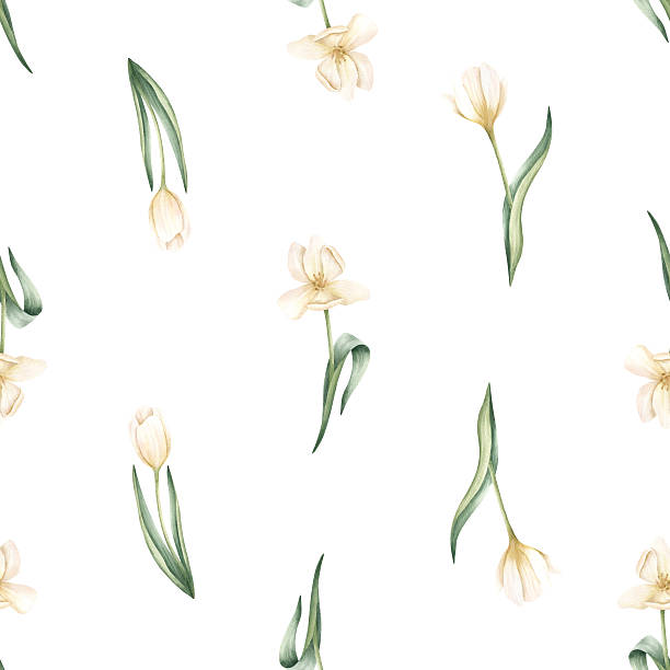 Spring floral seamless pattern with white tulips, greenery vector art illustration