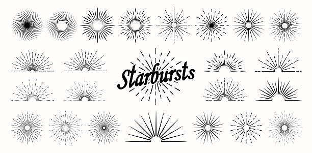 A set of sun rays and sunsets on a light beige background. Solar bursts, elements of a shining star. Vintage labels, badges, fireworks, logos or inscriptions. Vector Eps 10.