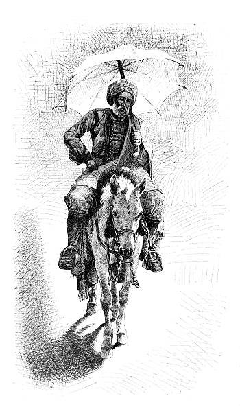 Authentic 19th-century engraving depicting an Algerian man in traditional costume riding a horse in Tunis, Tunisia. He holds a large umbrella for protection from the sun or rain. The detailed black and white illustration captures a scene of daily life in North Africa during the 19th century.