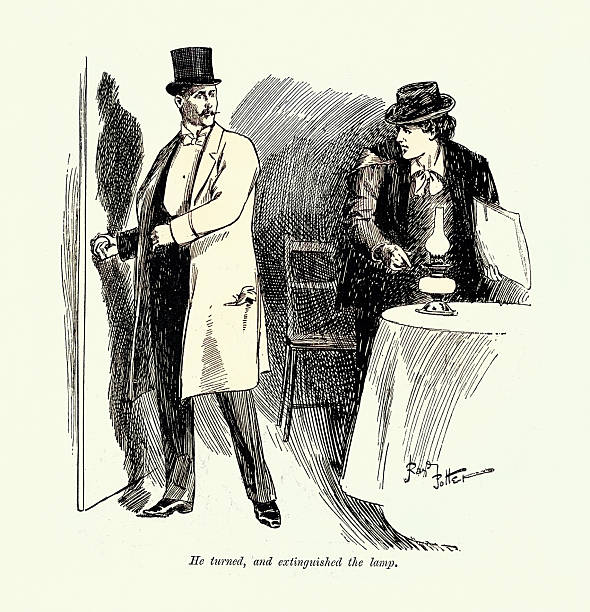 Two men one wearing top hat, Victorian mystery, Vintage illustration 1890s, 19th Century, Scene from Behind a Mask by A Enthoven