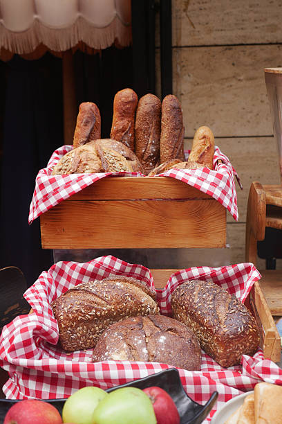 Freshly baked bread displayed at a local market