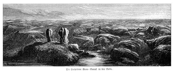 Authentic 19th-century engraving depicting the Boro-Burai high plateau in the Gobi Desert, Asia. The image showcases a vast, arid, and rocky landscape with prominent geological formations, illustrating the desolate beauty of the region as documented by 19th-century explorers. Based on the original caption 'Die Hochebene Boro-Burai in der Gobi'.
