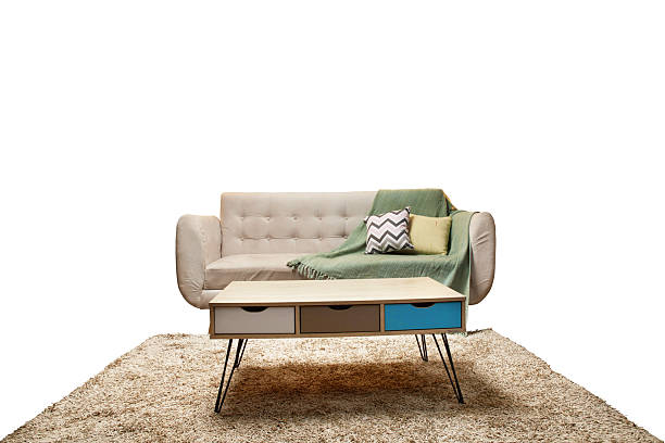 A comfortable chaise lounge with a unique wooden table on a cozy furry carpet with white background
