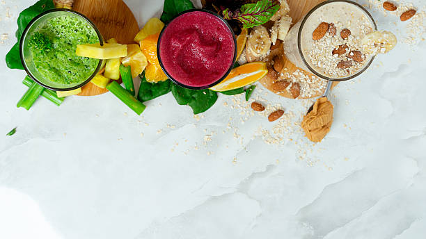 Healthy fruit smoothies with vegetables and nuts for breakfast