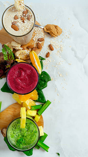 Healthy fruit and vegetable smoothies with fresh ingredients