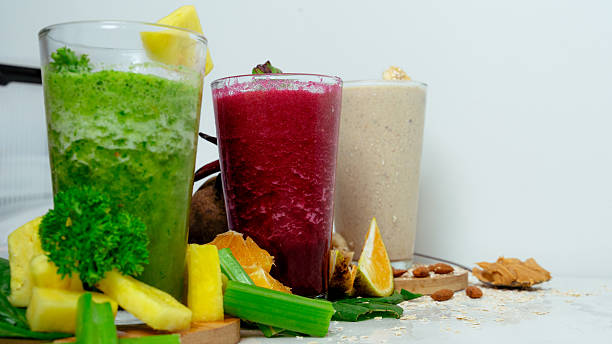 Healthy colorful fruit and vegetable smoothies for detoxing