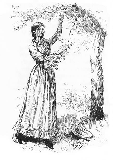 A young woman of color enjoys flowers on a tree in bloom. Engraving published 1886. The original edition is in my archives. Copyright has expired and is in Public Domain.