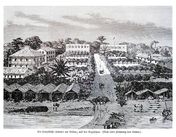 Authentic 19th-century engraving depicting a bird's-eye view of a French trading post (Faktorei) in Gabon, Africa. The illustration shows colonial-style buildings, local huts, an orchard, and people by the riverside. Published in the 1800s, this image captures a scene from the era of European colonialism in Africa.