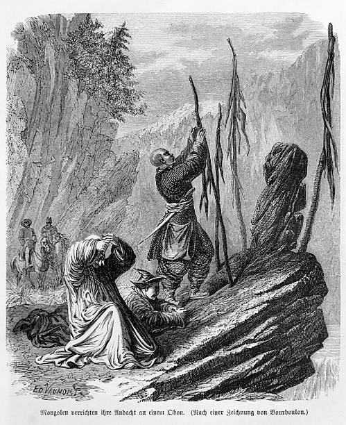 A 19th-century engraving showing Mongolian people performing a religious ceremony at an Ovoo, a sacred shamanistic cairn, in a mountainous region. One man kneels in prayer while another tends to the shrine. In the background, two figures on horseback observe. Based on an original drawing by Bourboulon.