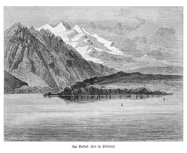 Authentic 19th-century engraving depicting the scenic landscape of Lake Baikal in Siberia, Russia. The image shows the vast lake with calm waters reflecting the shoreline, set against a backdrop of majestic, snow-capped mountains. From a German publication, circa 1880.