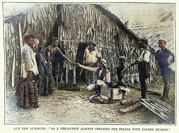 People trading, exchanging goods, Solomon Islands, Vintage photograph 19th Century 1890s