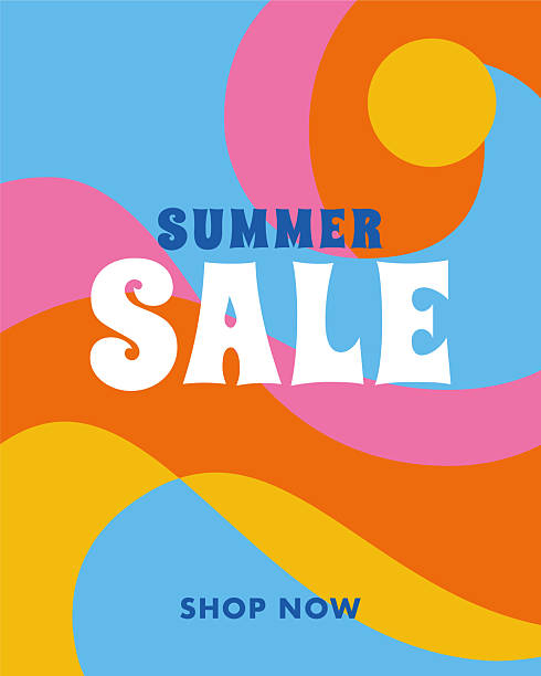 Summer Sale Abstract background with overlay waves shapes. Flat Multicolored fluid graphics, summer layout, minimal packaging design, trendy curve cover art with vintage texture. Stock illustration