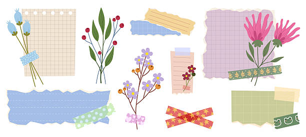 Cute floral notes with washi tape and flower stickers for planner pages, cartoon vector illustrations. Vintage journal templates, and decorative paper designs for spring organizing projects.