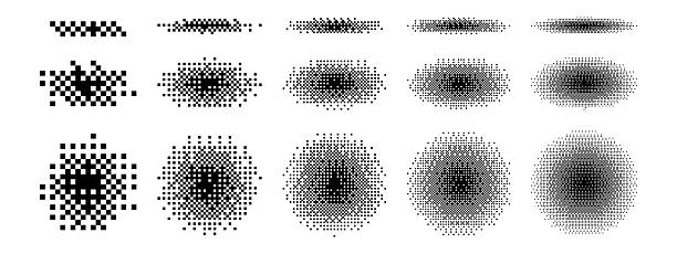 Halftone pixel dither effect set, circle dot dispersion, blur fade transitions, abstract monochrome overlays. Print, screen, poster, web, glitch, texture, shading resource Vector illustration