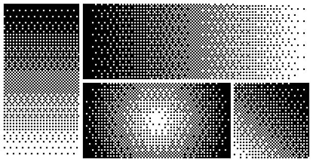 Halftone square dither pattern set, black white pixel gradients, density transitions, abstract raster overlays, geometric fade effects. Print, web, poster, glitch, shading. Vector illustration