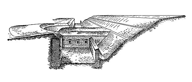 Caponier within a fortress, featuring prominent bastions, sloped defensive walls, and detailed brickwork, illustrating the principles of 19th-century military engineering, old vintage illustration, 1895.