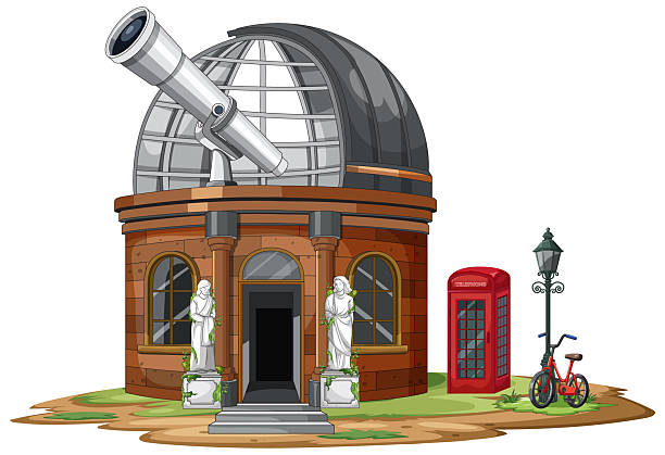 Colorful vector observatory with large rooftop telescope, statues, red phone booth, bicycle, white background