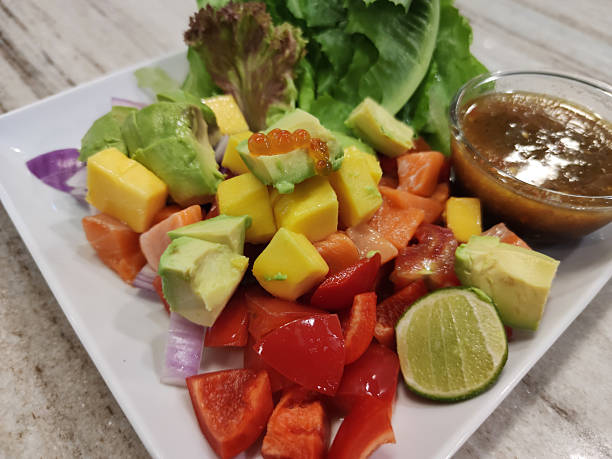 Fresh Salmon Thai Style Salad with Avocado, Mango, Bell Peppers, Lettuce, Lime, and Spicy Thai Dressing on a White Plate