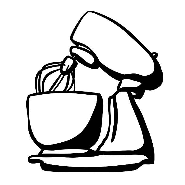 Hand-drawn line illustration of a kitchen stand mixer with a mixing bowl and whisk attachment. The appliance sits on a base and represents home baking, cooking preparation, and kitchen equipment used for mixing ingredients such as batter or dough.