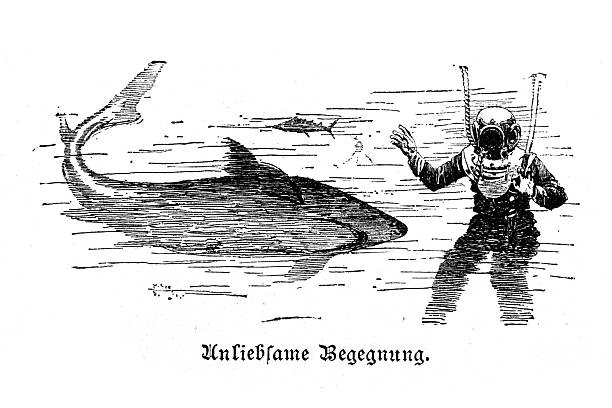 Authentic 19th-century engraving depicting a dramatic underwater scene. A deep-sea diver in a standard diving dress has an 'Unpleasant Encounter' (German: Unliebsame Begegnung) with a large shark. The illustration captures the danger and adventure of early underwater exploration.