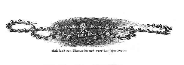 Authentic 19th-century engraving depicting an ornate necklace made of diamonds and American pearls. The jewelry features a delicate festoon or swag design. The original German caption reads: 'Halsband von Diamanten und amerikanischen Perlen.' Isolated on a white background.