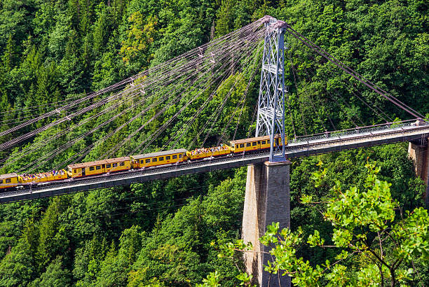 Petit Train Jaune traveling across the iconic Gisclard Bridge surrounded by lush green forest
