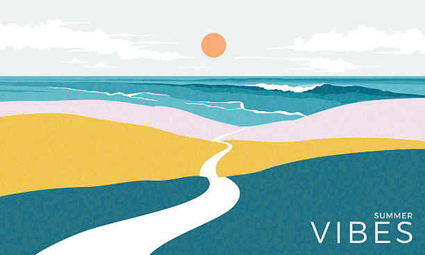 Summer abstract horizontal background with sea or ocean, sky, sun, road. Minimal landscape illustration of vacation, beach holiday, weekend, summer time. Design for promo, cover, banner, flyer