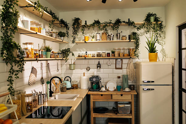 Modern home kitchen with open wooden shelves, glass jars, cooking utensils, and hanging greenery. The bright interior highlights an organized and inviting cooking space designed for everyday home life.