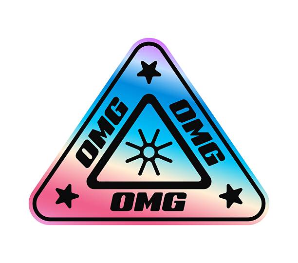 OMG hologram vintage Y2K sticker or symbol. Gradient chrome foil Y2K sticker, glossy hologram retro vector tag. Metallic color iridescent patch or label with oh my God exclamation abbreviation
