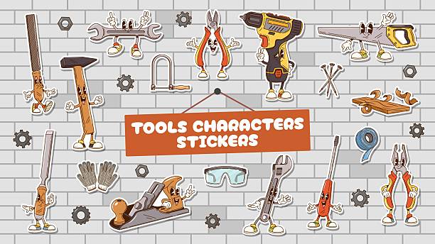 Repair or construction tools groovy characters vector stickers pack. Cute hammer, plane, funny saw, power drill, screwdriver, quirky pliers, wrench and cheerful file, protective gloves personages