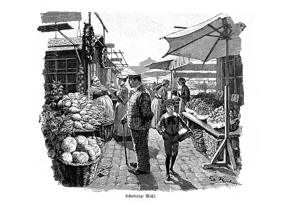 Authentic 19th-century engraving depicting a bustling outdoor market scene. A well-dressed man in a plaid suit contemplates his purchase, illustrating the German caption 'Schwierige Wahl' (Difficult Choice). He is accompanied by a young boy. A female vendor stands behind a stall laden with fresh vegetables like cabbages and beets in wicker baskets. The scene captures daily life in a European city during the Victorian era.