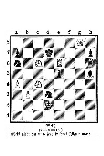 A classic black and white illustration of a chess problem, engraved in the 19th century. The German text below the board states the puzzle: 
