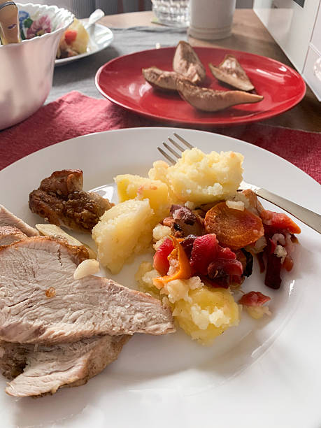 A plate holds sliced turkey meat, mashed potatoes, and a mix of colorful vegetables. In the background, baked potato wedges are served on a red plate. The setting is casual and inviting