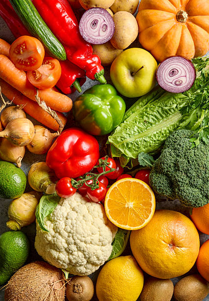 various fresh raw vegetables and fruits