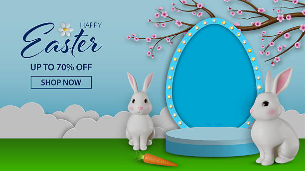 easter sale banner with easter egg shaped podium, paper clouds, cherry flowers branch and 3d rabbits