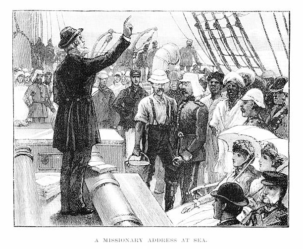 One clergyman preaches on deck of a ship to the sailors. Illustration engraving published 1886. Original edition is from my own archives. Copyright has expired and is in Public Domain.