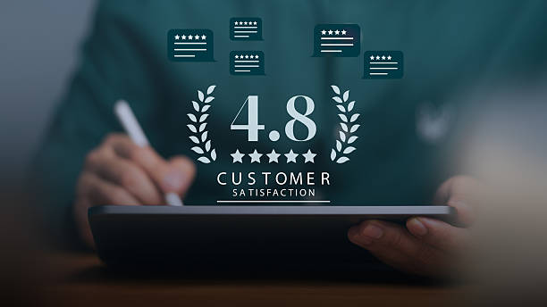 Customer using a tablet with 4.8 star rating and customer satisfaction. Concept of online feedback, business reputation, testimonial, satisfaction score, quality service evaluation, and brand trust.