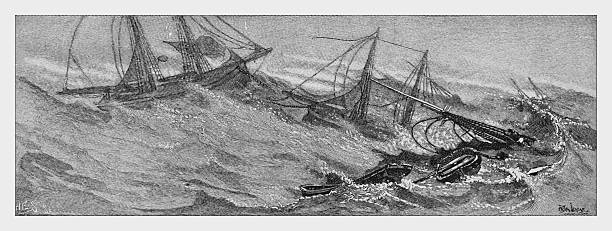 Authentic 19th-century engraving depicting a dramatic maritime disaster. Several pearl fishing boats are caught in a violent storm on the high seas. The ships are battered by tumultuous waves, with one vessel sinking, its masts broken. Debris and small lifeboats are tossed about in the churning water, illustrating the peril and chaos of a shipwreck.