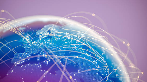 Global Technology Network and Data Communication Concept Digital illustration of planet Earth showing glowing city lights in Europe with arched data lines representing global communication and connectivity.(World Map Courtesy of NASA: https://visibleearth.nasa.gov/view.php?id=55167) global finance stock pictures, royalty-free photos & images