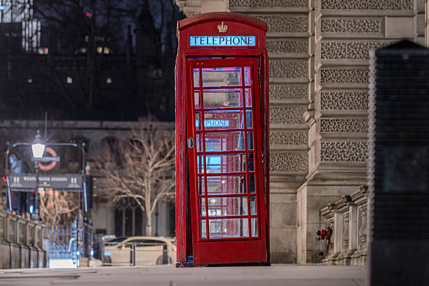Red telephone box close-up at night, colour