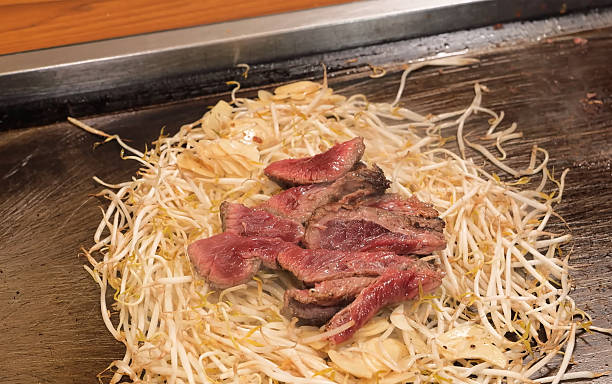Japanese Teppanyaki with Sliced Kobe Beef and Bean Sprouts