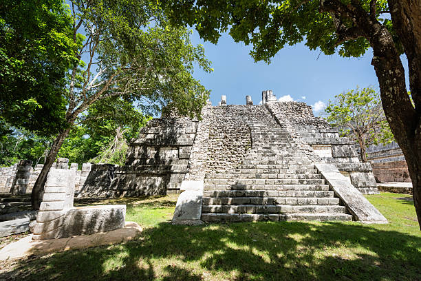 Ancient Maya temple platform with steep stone stairway at the Temple of the Warriors complex at the archaeological site of Chichen Itza in the Yucatan Peninsula. Historic pre Columbian limestone architecture surrounded by tropical vegetation in one of the most famous Maya ceremonial cities. Chichen Itza, Yucatan, Mexico, North America
