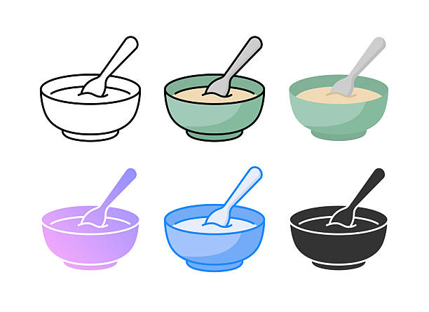 A plate of porridge and a spoon. 6 Different styles. Editable stroke. Vector illustration.