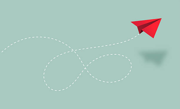 Single red paper plane flying along a complex, winding, dotted trajectory on pastel green background. Non-linear path to success
