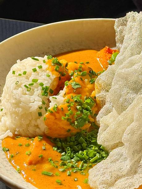 Vegetarian curry with rice and pappadom